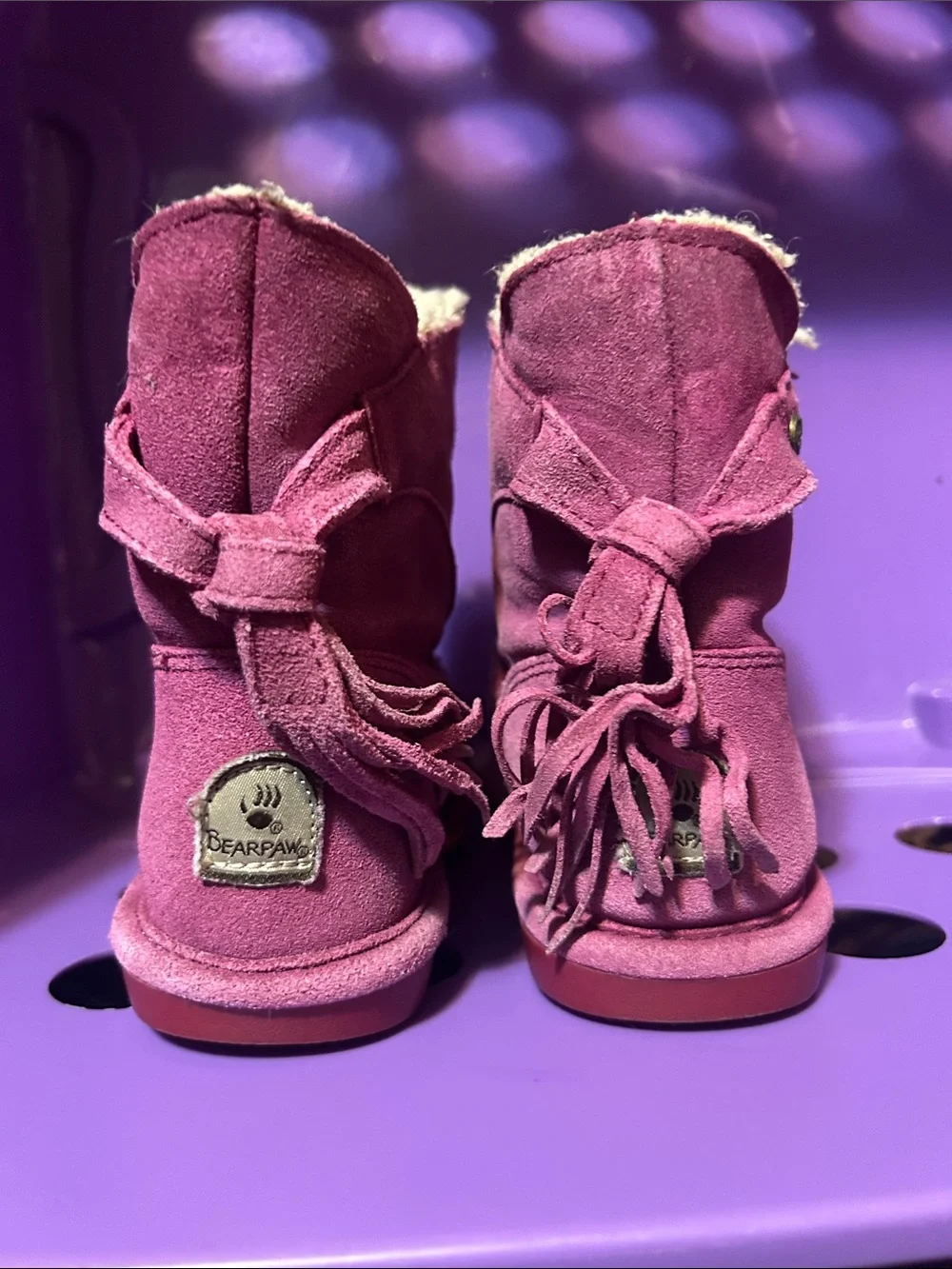 BearPaw Purple-ish Suede Fringe Plush Boots with Sheepskin Lining